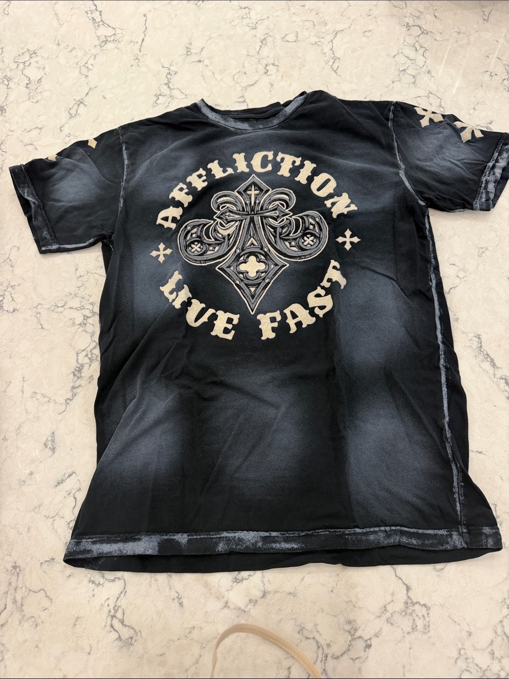 Affliction Black T-Shirt with Cream Graphic - Live Fast Crest - Medium